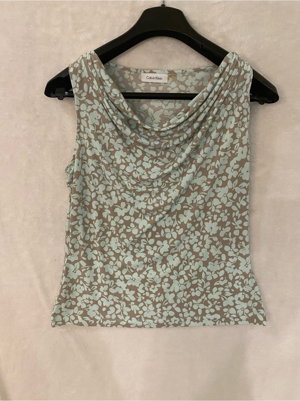 Calvin Klein Mint Taupe Floral Cowl Neck Sleeveless Top US L